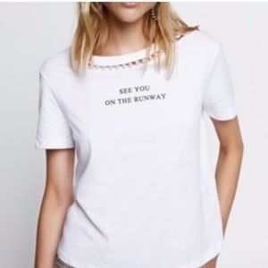 ZARA See You on the Runway white pearl neckline t-shirt sz L